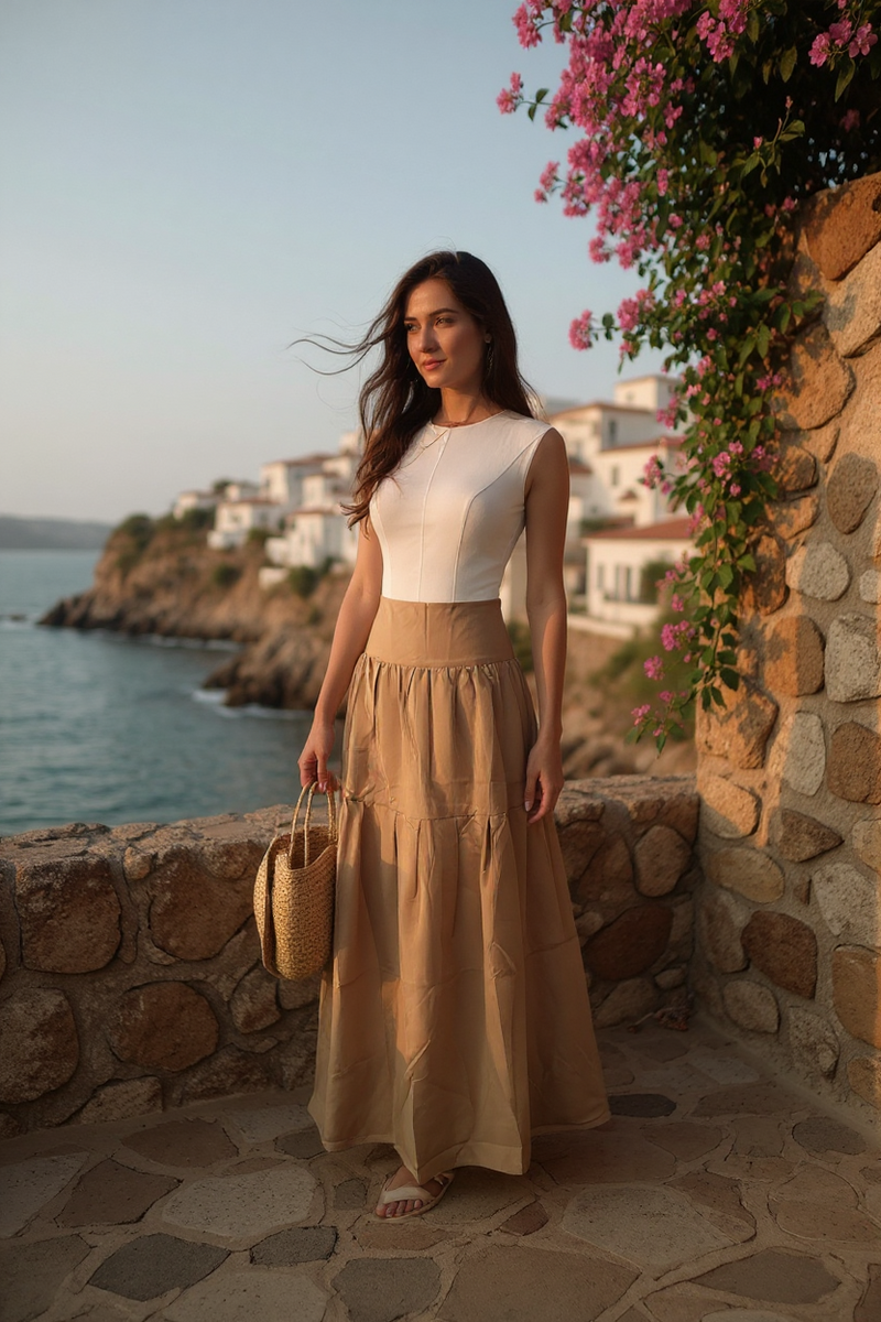 High Waist Pleated Loose Midi skirt Khaki
