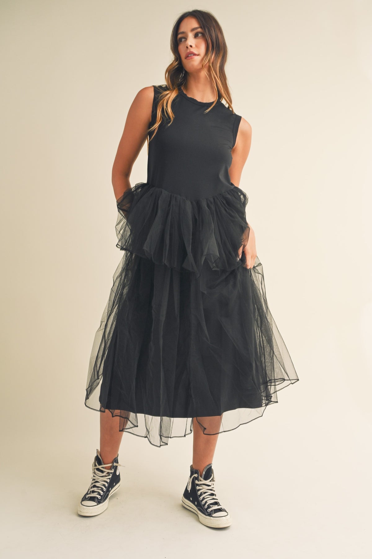 Sleeveless Tulle Midi Dress Black