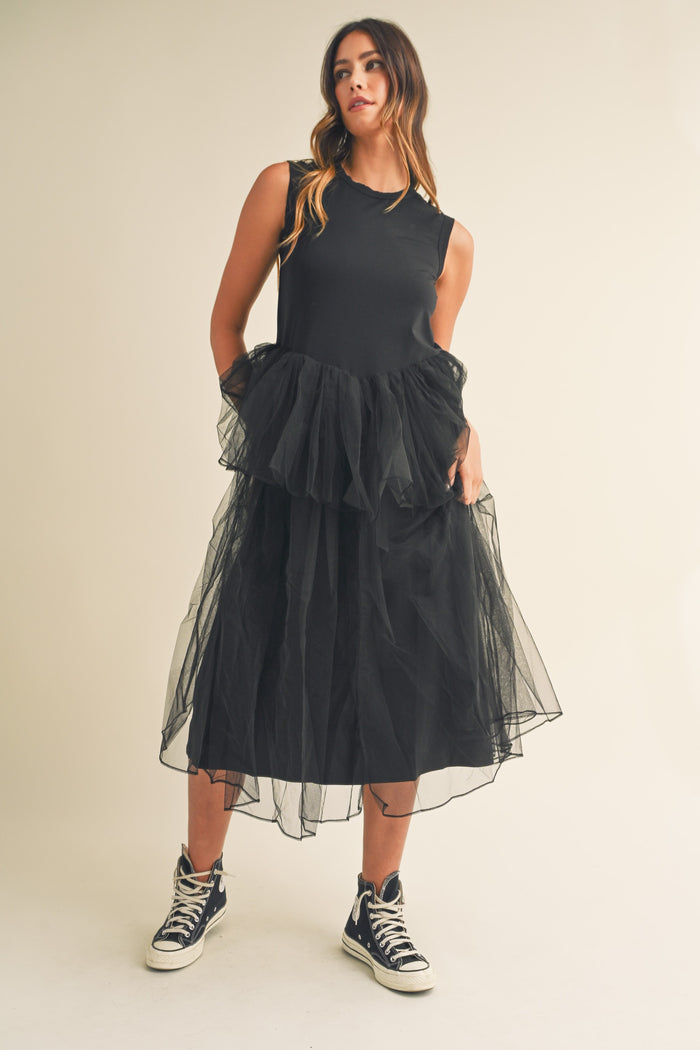 Sleeveless Tulle Midi Dress Black