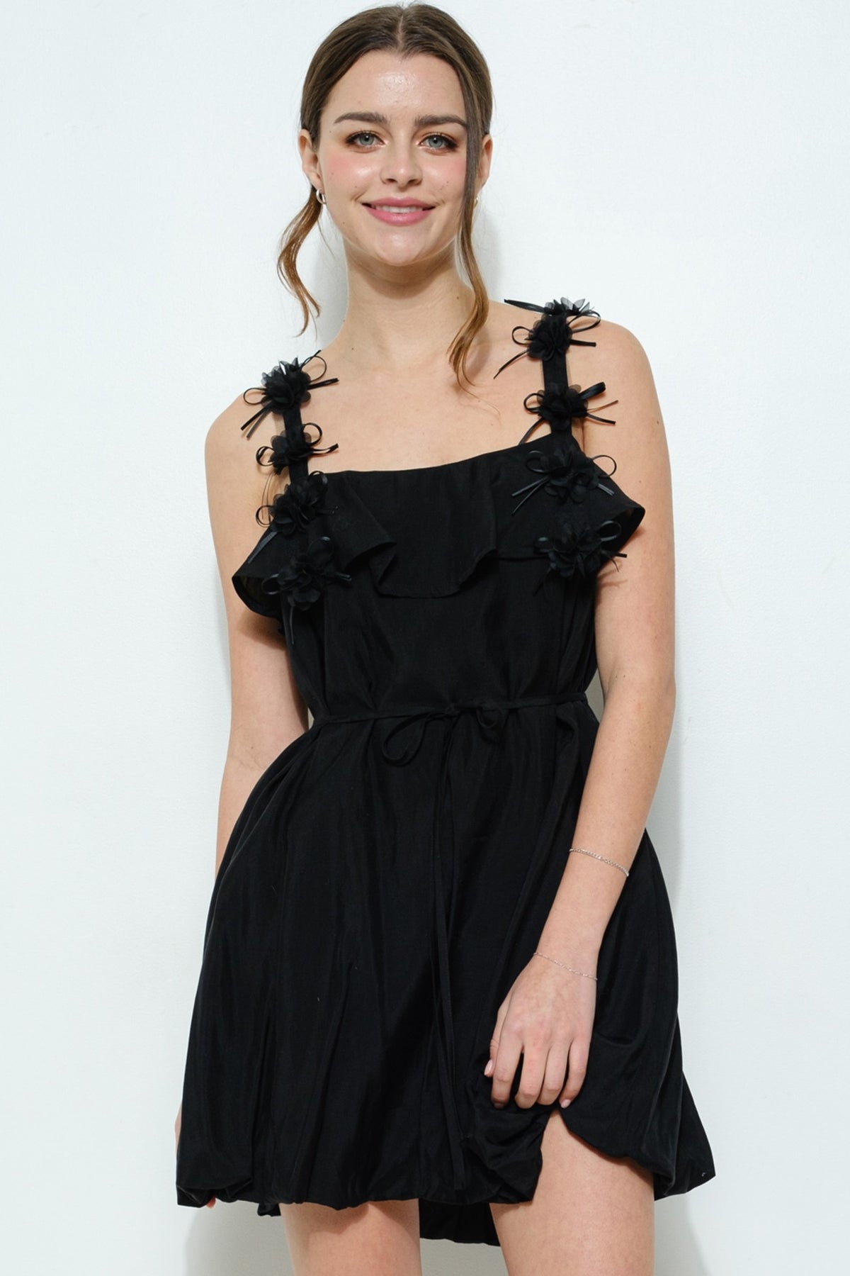 Sleeves Floral Strap Ruffle Mini Dress Black
