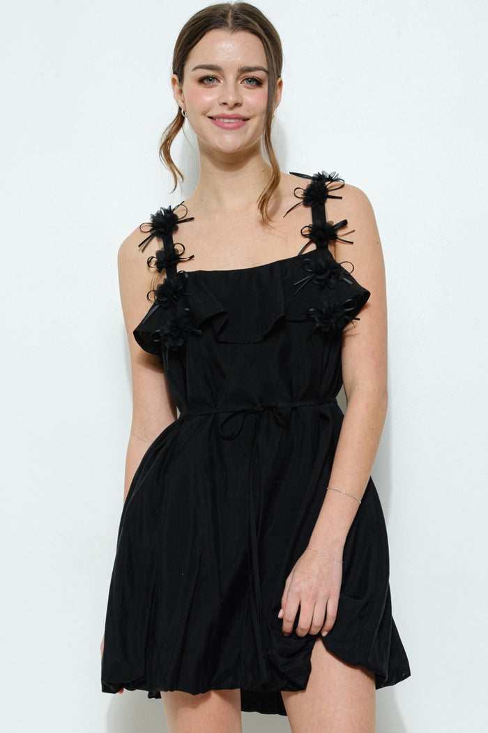 Sleeves Floral Strap Ruffle Mini Dress Black