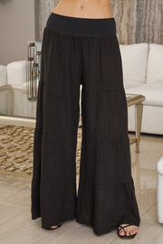 Linen Tiered Palazzo Pant Black