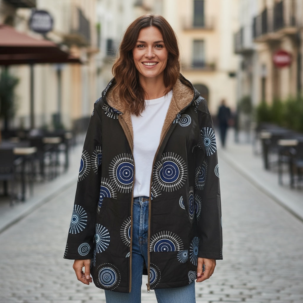 Vintage Hooded Jacket Floral Print  & Fleece Lining Black