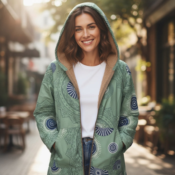 Vintage Hooded Jacket With Floral & Fleece Lining Green