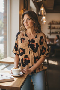 Leopard Folded Short Sleeve Buttoned V-Neck T shirt Peach