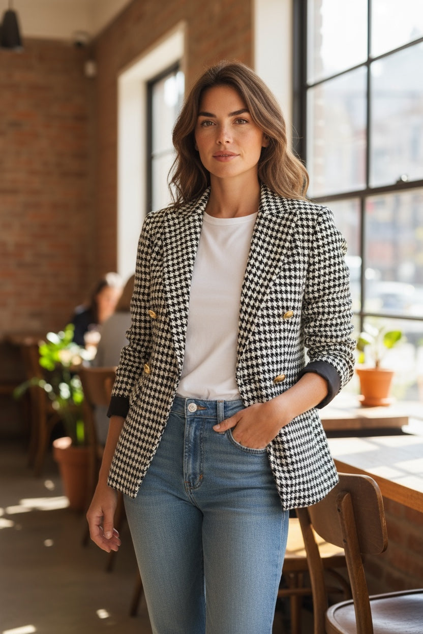 Chic Double Breasted Blazer  Slim Fit Black/White