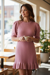 2 Tone Ribbed Sweater Mini Dress Pink