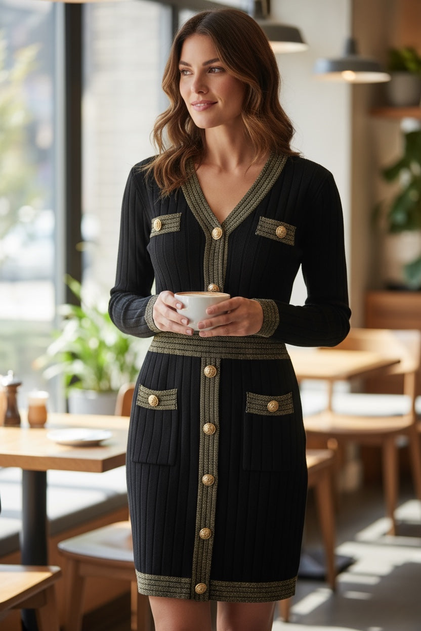 Elegant Black And Gold Sleeve knitted Dress Black