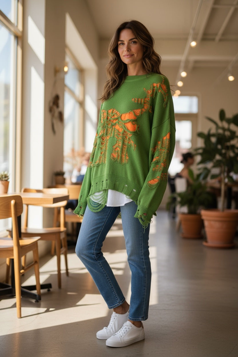 New Retro Oversized Distressed Sweater Green