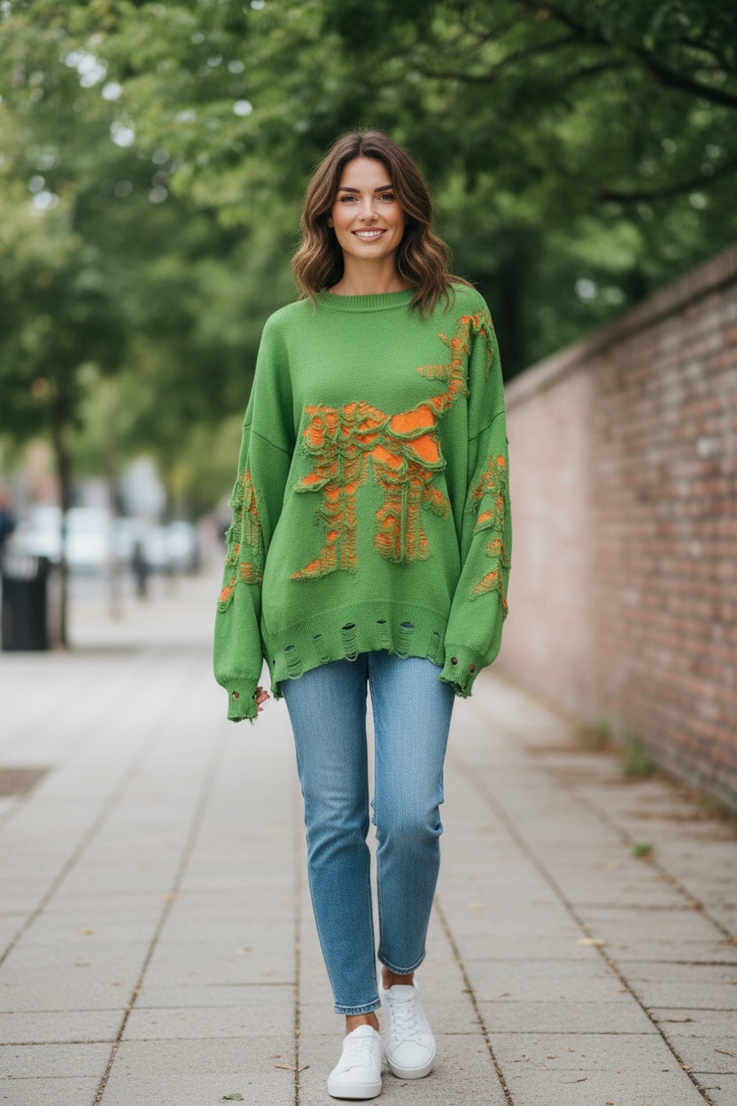 New Retro Oversized Distressed Sweater Green