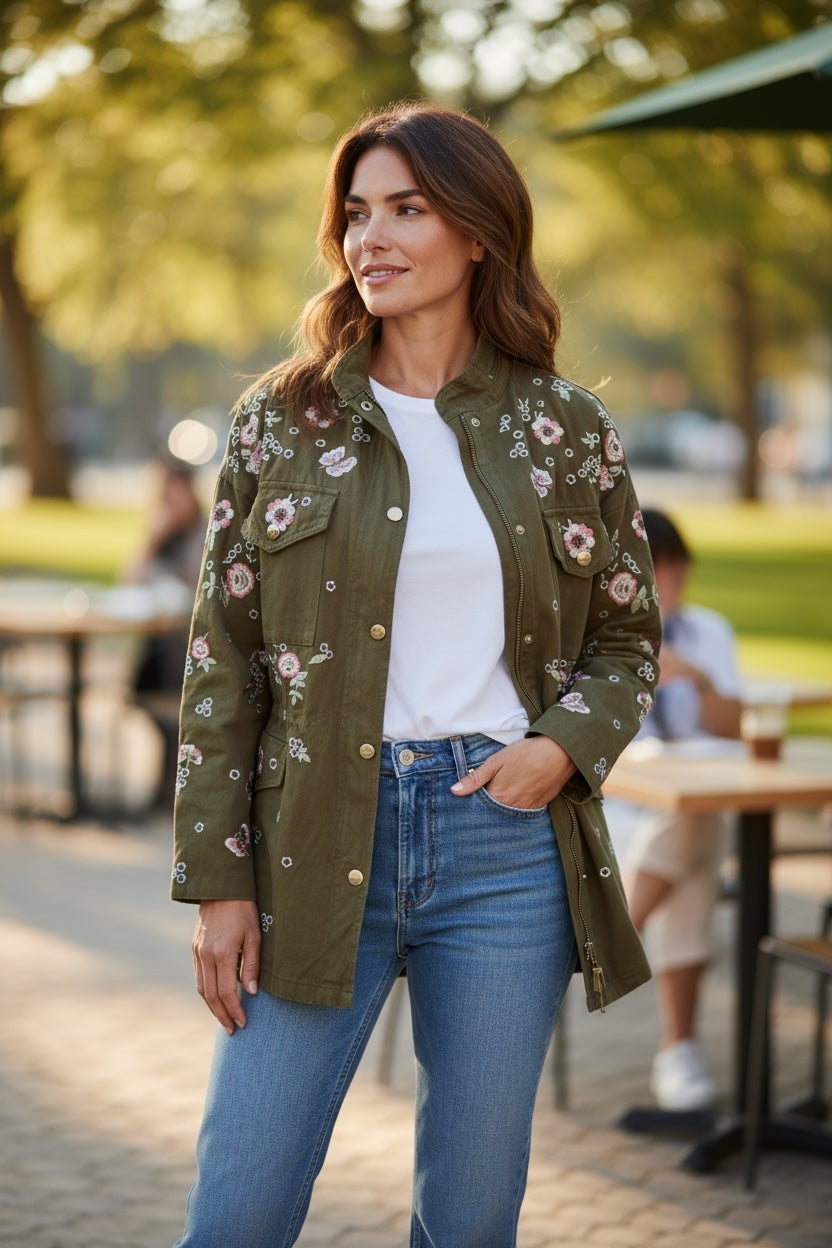 Hand Embroidered Floral Retro Drawstring Work Jacket Olive Green