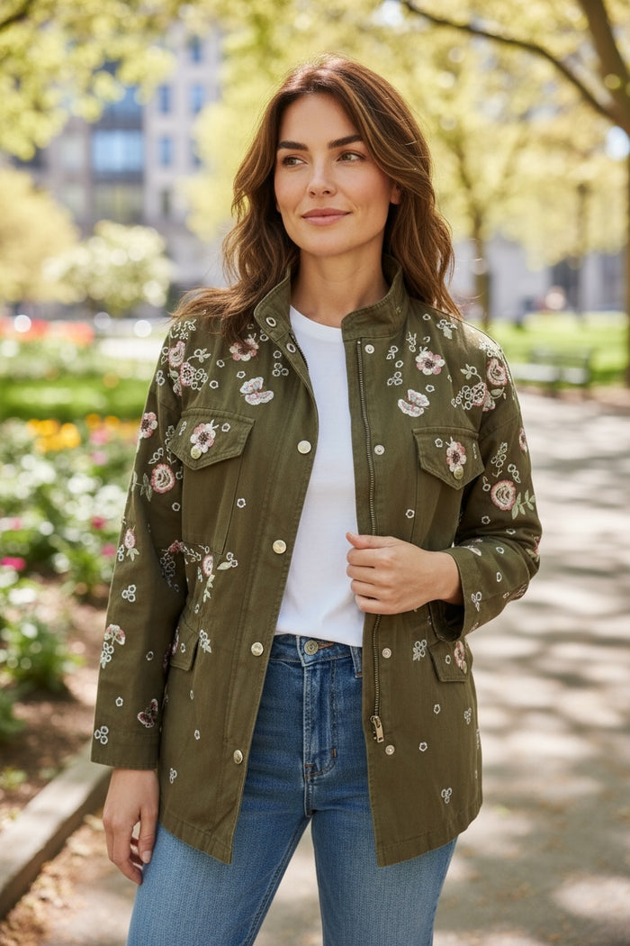 Hand Embroidered Floral Retro Drawstring Work Jacket Olive Green