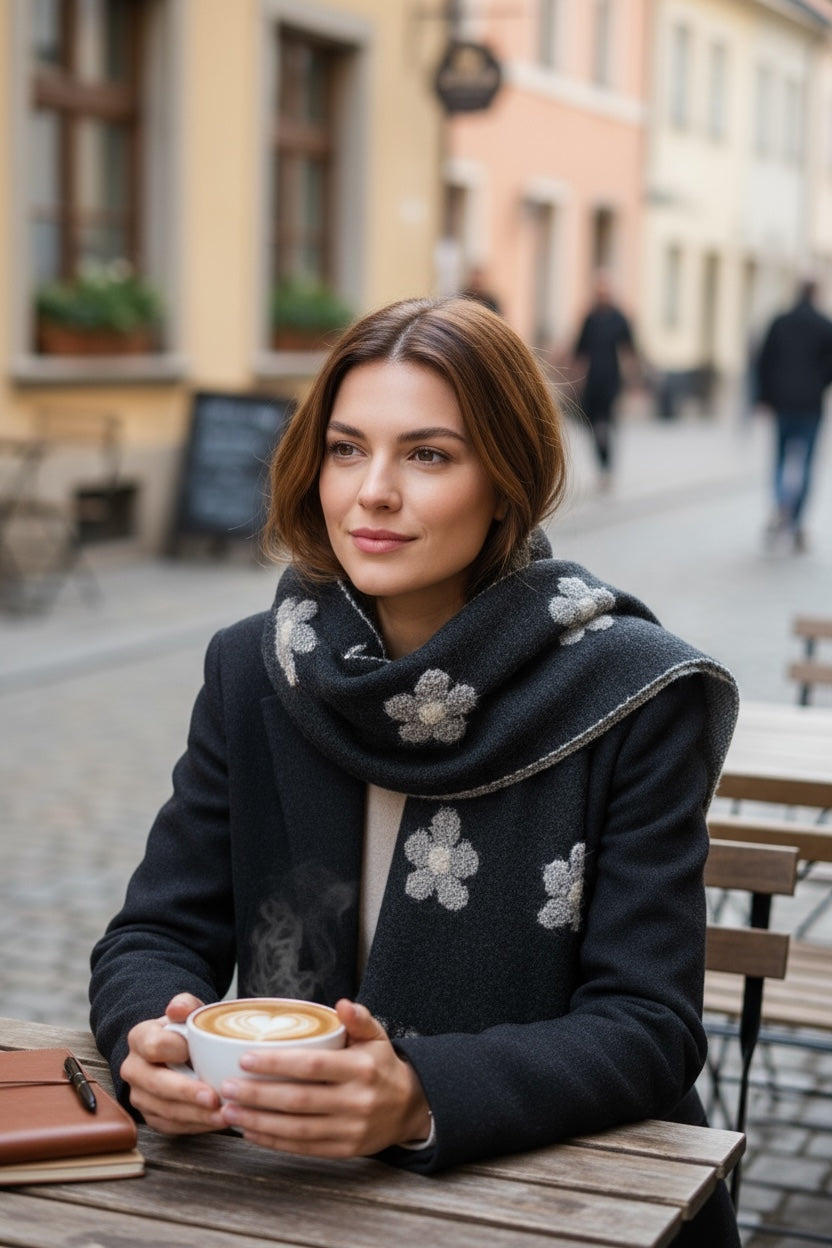 Daisy Pattern Scarf Black