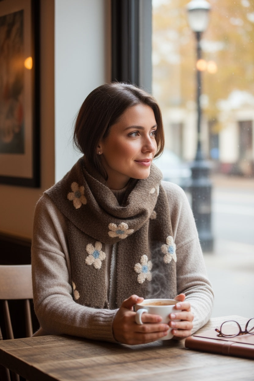 Daisy Pattern Scarf Brown