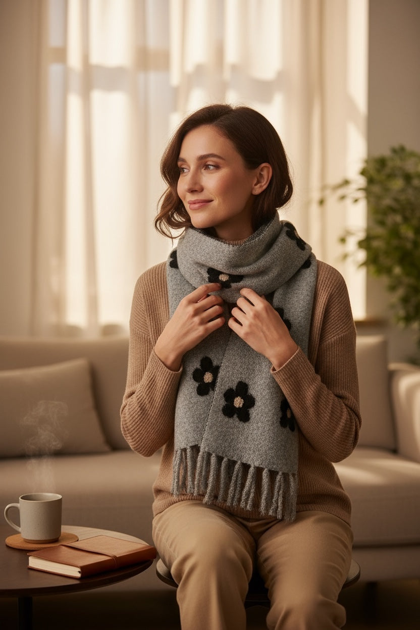 Daisy Pattern Scarf Light Grey