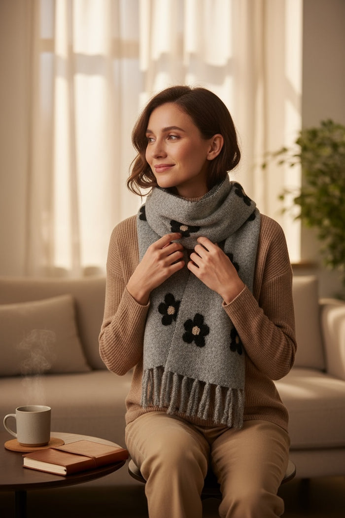 Daisy Pattern Scarf Light Grey