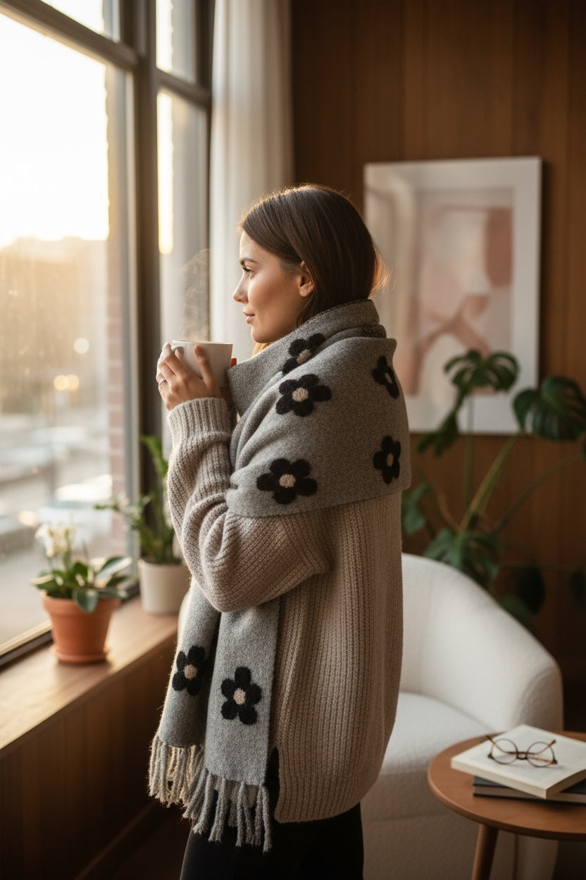 Daisy Pattern Scarf Light Grey