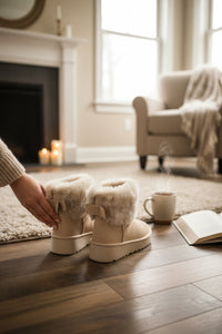 Bow Collar Ankle Boots Beige