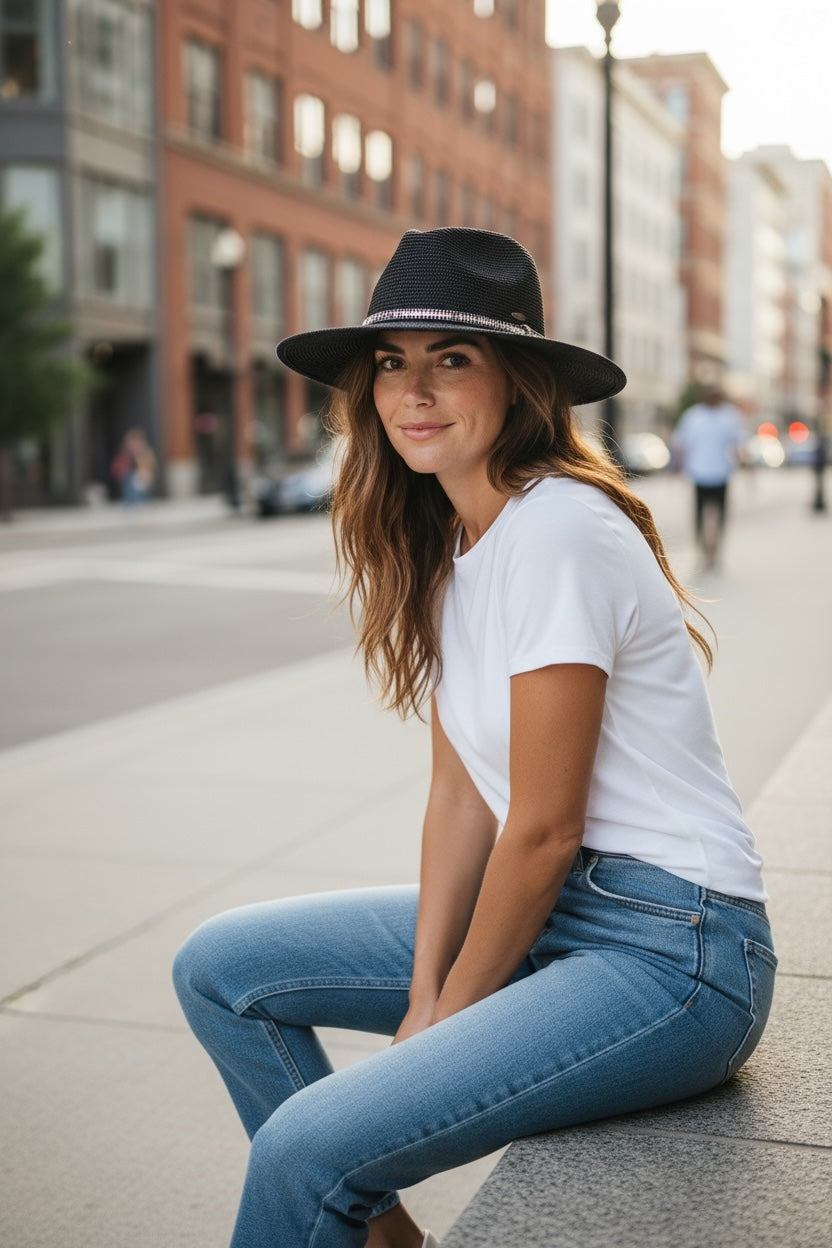 Woven Panama Hat, Rhinestone Detail Black