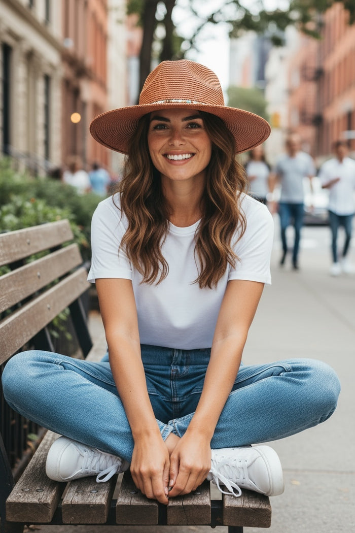Woven Panama Hat,Rhinestones Detail Clay