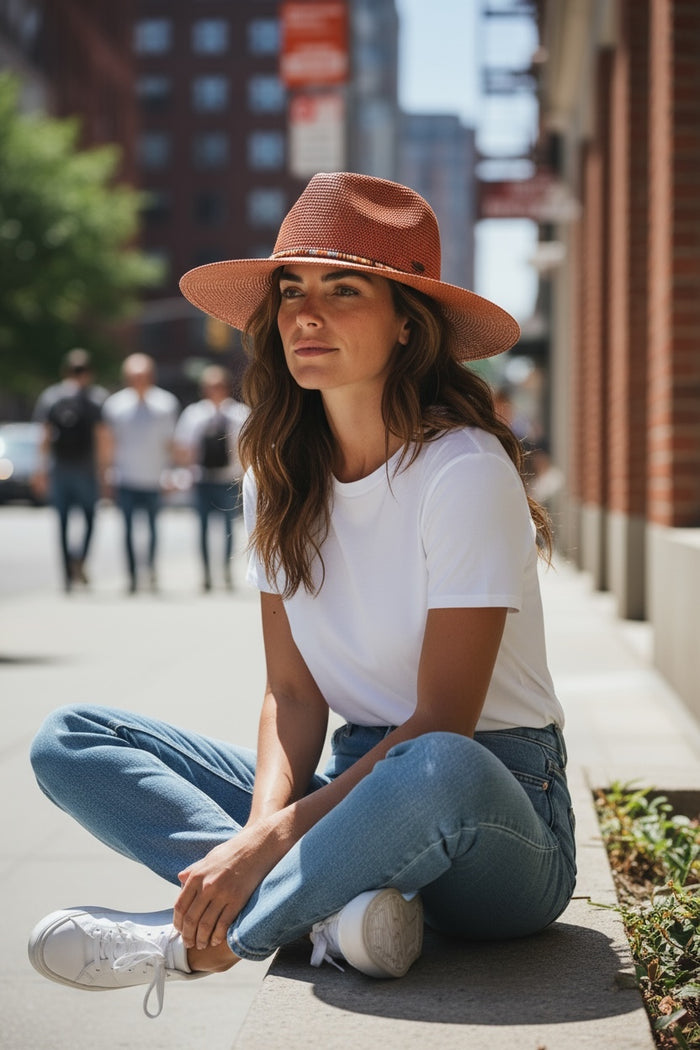 Woven Panama Hat,Rhinestones Detail Clay