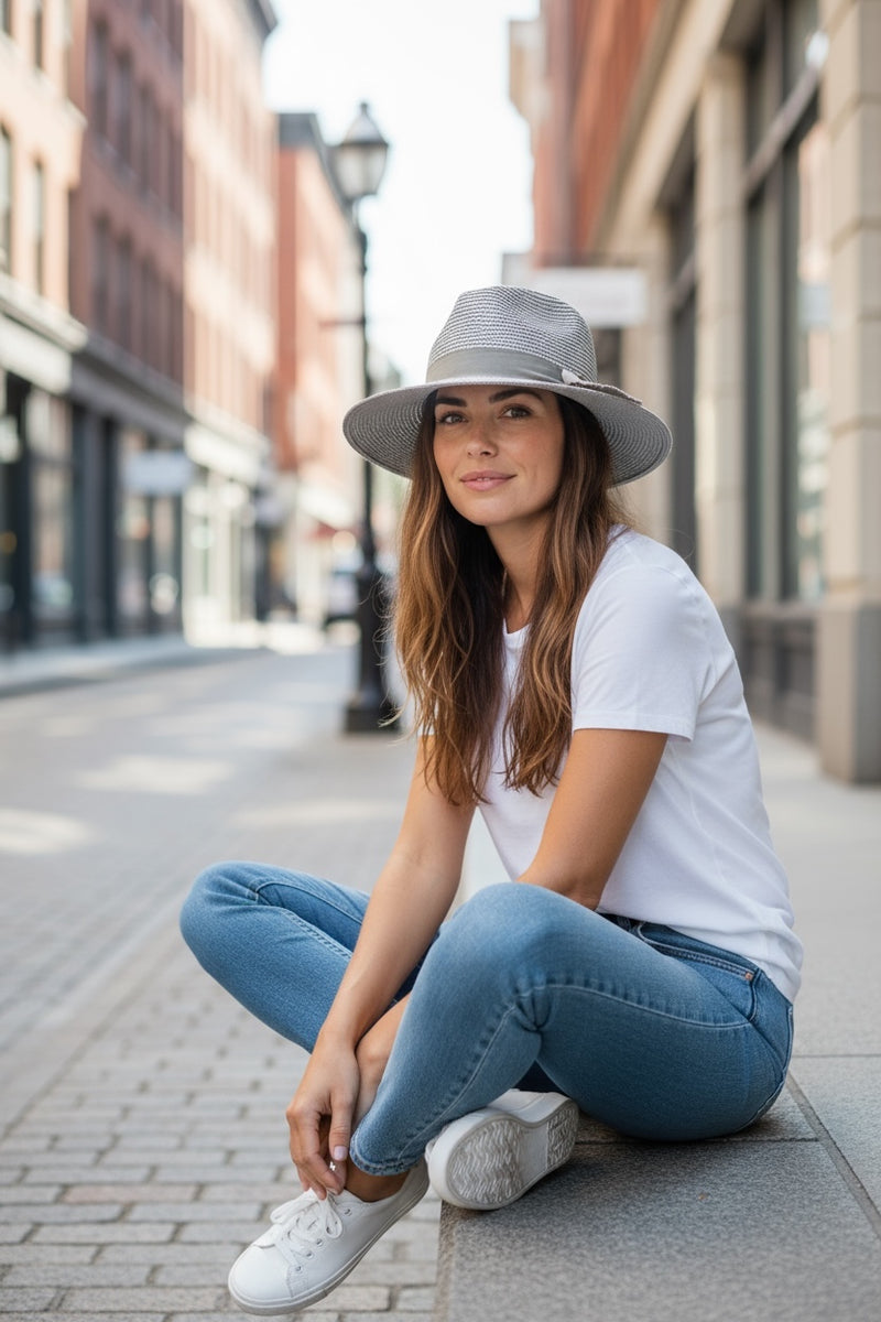 Woven Panama Sun Hat Gray, Side Bow