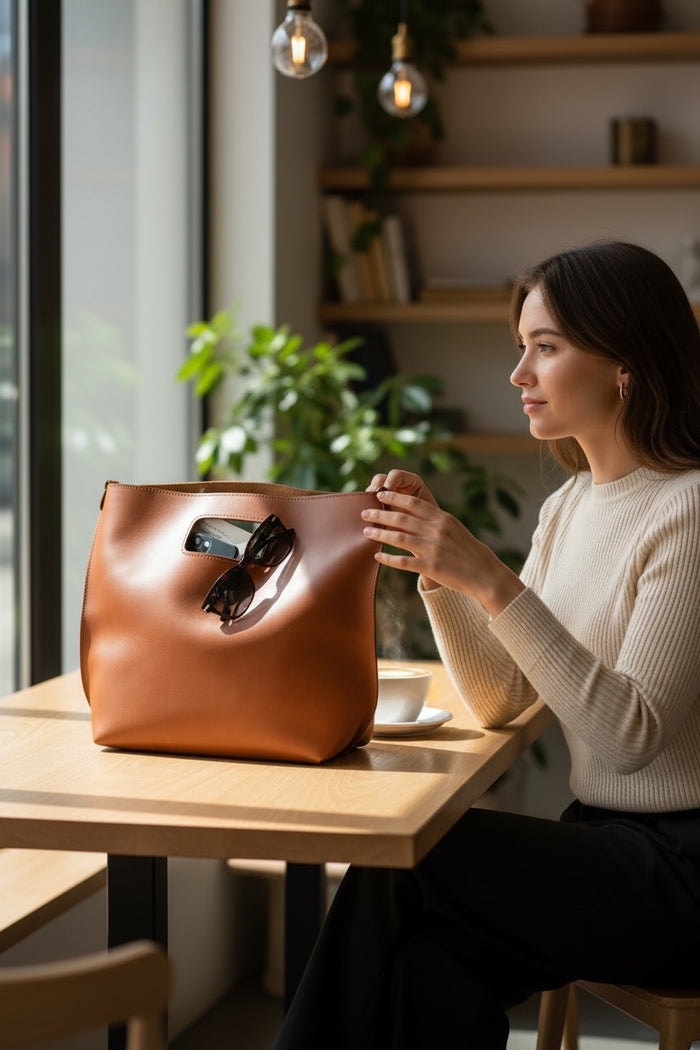 Genuine Leather Cut-Out Tote Bag Rust