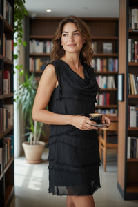 Silky Midi Ruffle Dress Black