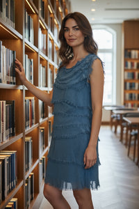 Silky Midi Ruffle Dress Petroleum Blue