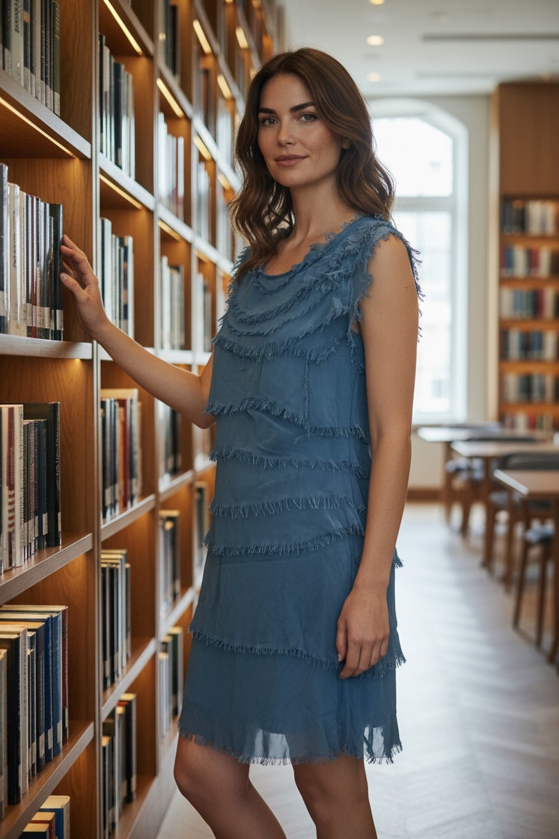 Silky Midi Ruffle Dress Petroleum Blue