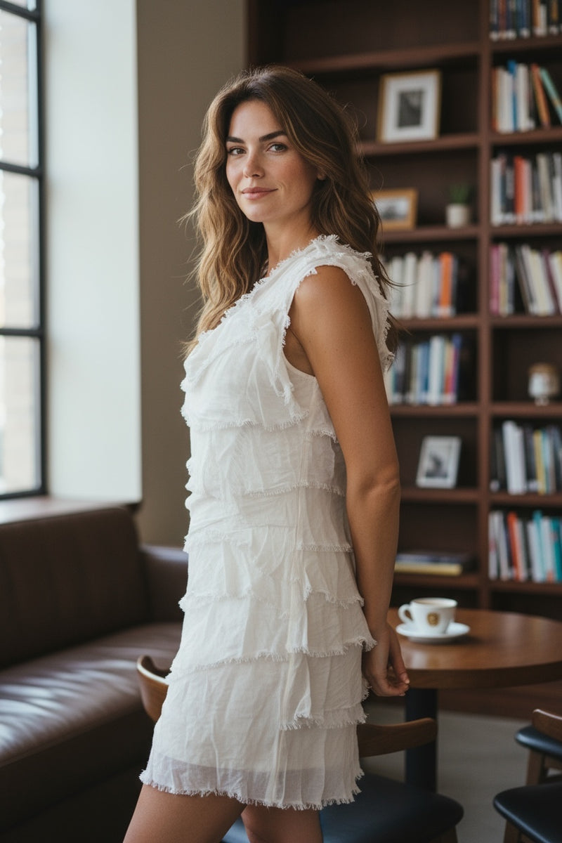 Silky Midi Ruffle Dress Off White