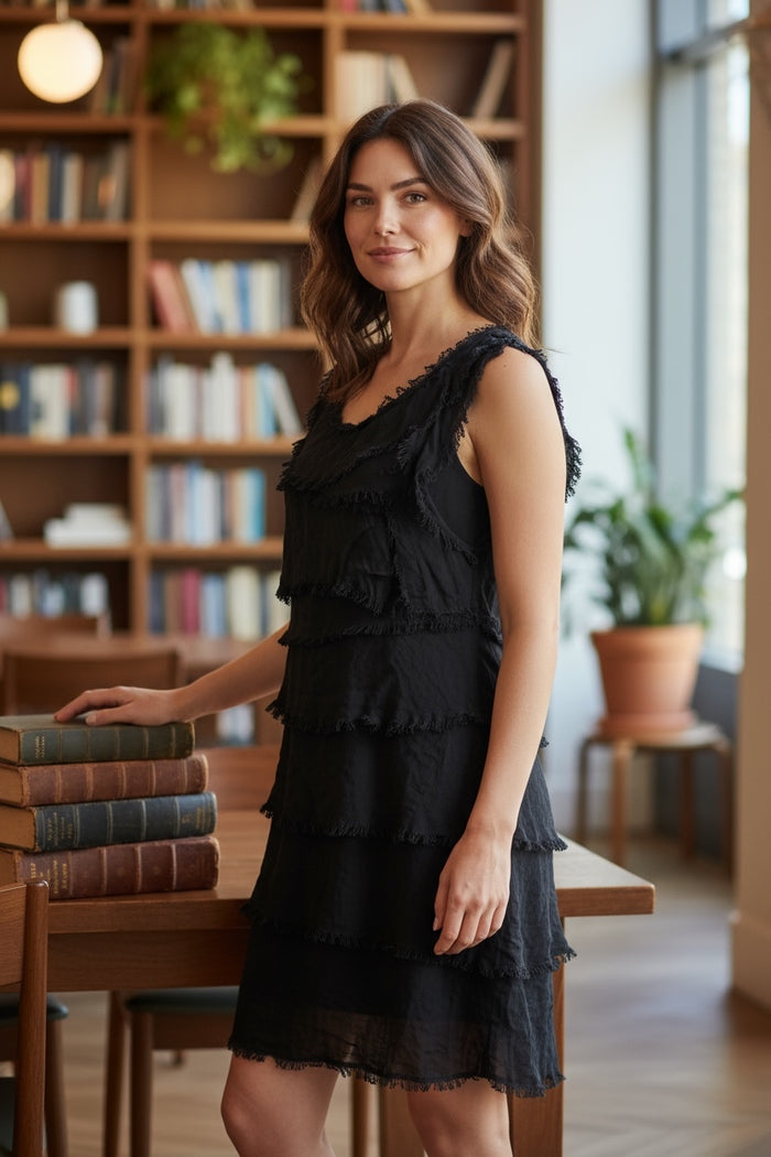 Silky Midi Ruffle Dress Navy