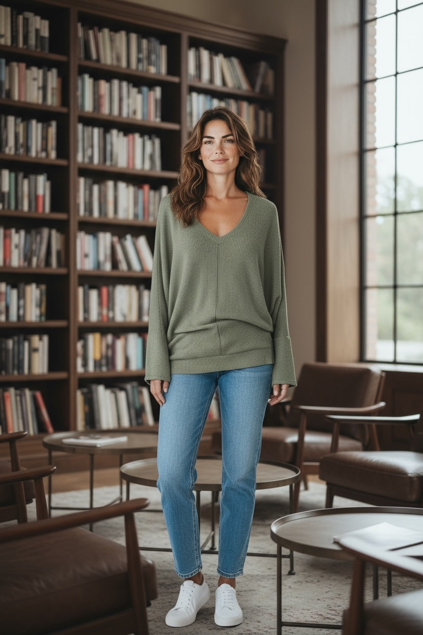 Ruched Long Sleeve Sweater Top Olive Green