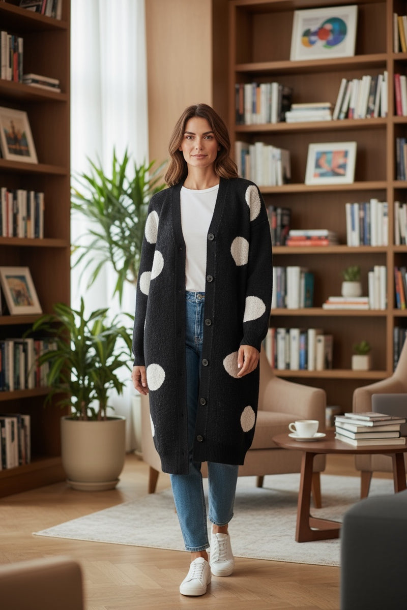 Fashionable Cardigan Black & White Dots