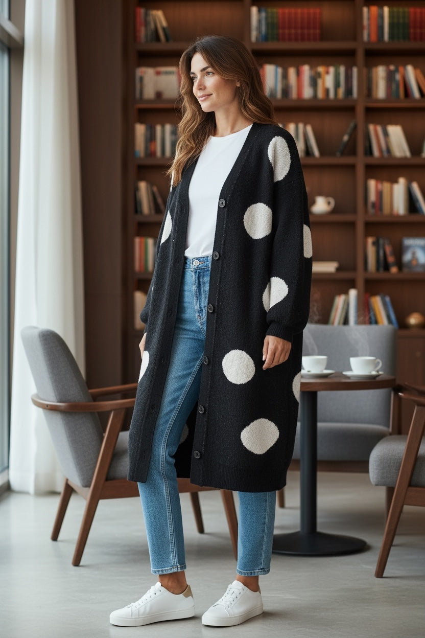 Fashionable Cardigan Black & White Dots