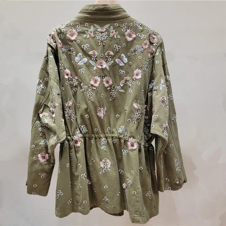 Hand Embroidered Floral Retro Drawstring Work Jacket Olive Green