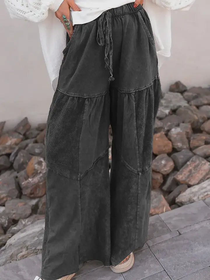 Black Mineral Wash Wide Leg Patchwork Drawstring Pant