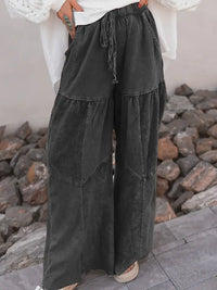 Black Mineral Wash Wide Leg Patchwork Drawstring Pant