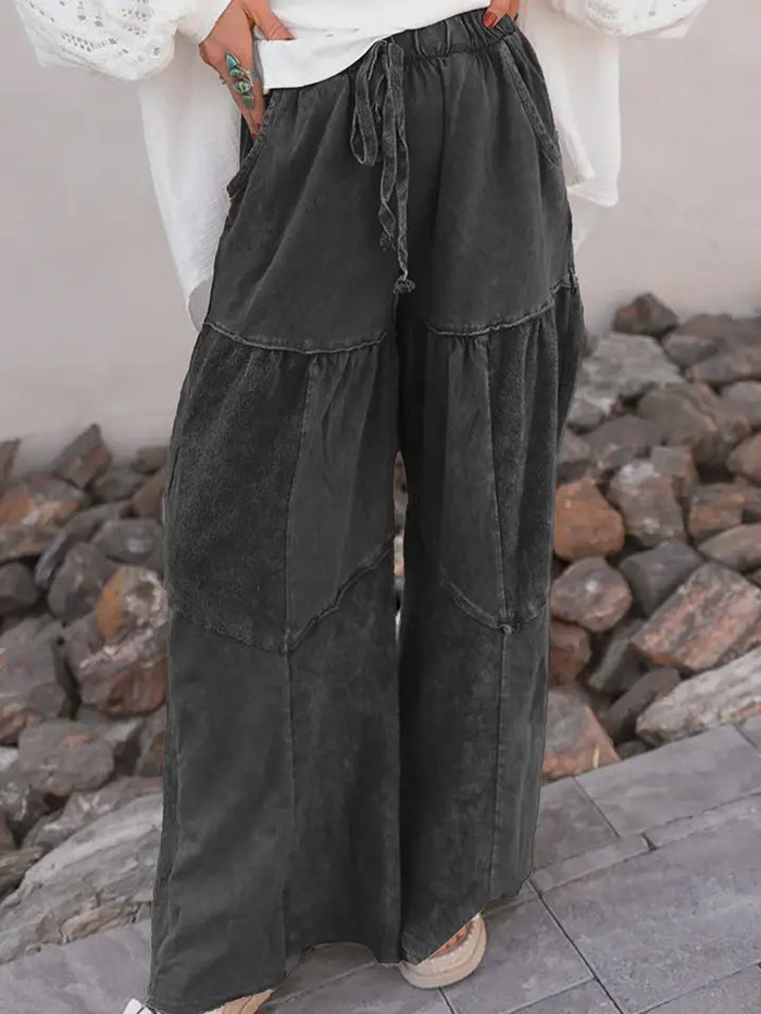 Black Mineral Wash Wide Leg Patchwork Drawstring Pant