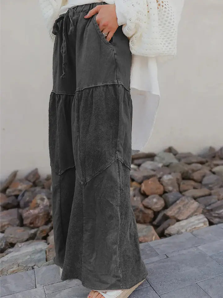 Black Mineral Wash Wide Leg Patchwork Drawstring Pant