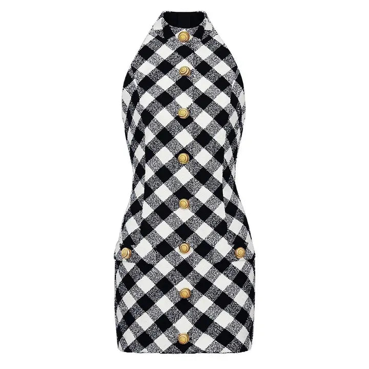 Plaid Sleeveless Dress With Gold Button Black/White