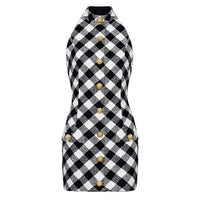 Plaid Sleeveless Dress With Gold Button Black/White
