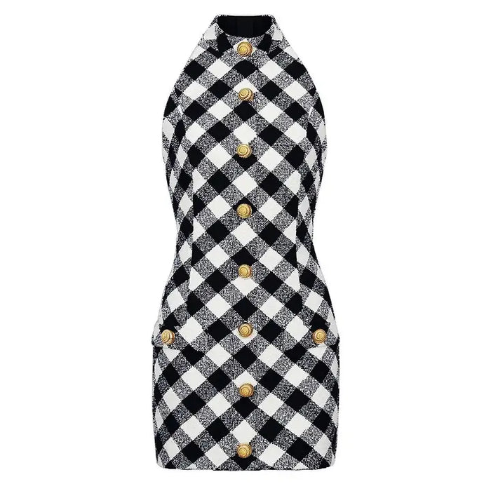Plaid Sleeveless Dress With Gold Button Black/White