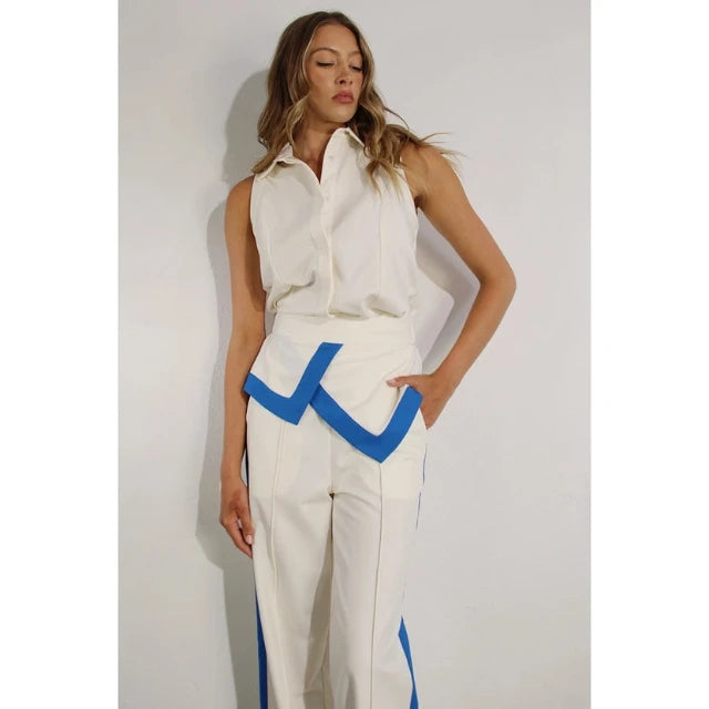 Shirt & Pants Set With Blue Lining on Pants and Front Blue/ White