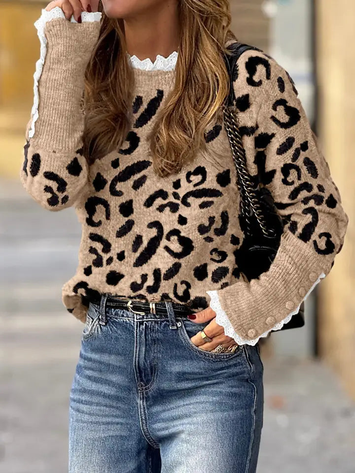 Brown Leopard Pattern Lace Ribbed Detail Button Cuffed Shirt