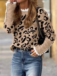 Brown Leopard Pattern Lace Ribbed Detail Button Cuffed Shirt