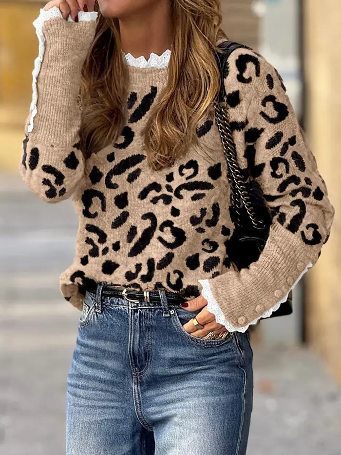 Brown Leopard Pattern Lace Ribbed Detail Button Cuffed Shirt