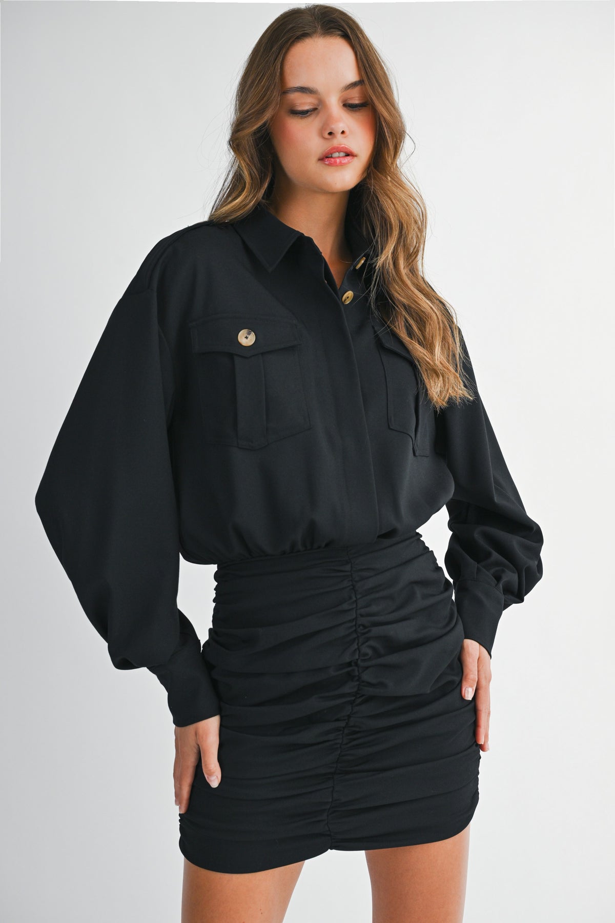 Cargo Pocket Collar Shirt Ruched Skirt Mix Dress Black