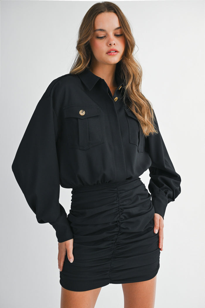 Cargo Pocket Collar Shirt Ruched Skirt Mix Dress Black
