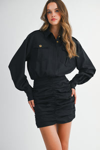 Cargo Pocket Collar Shirt Ruched Skirt Mix Dress Black